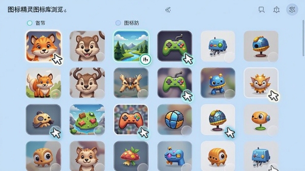 图标精灵图标库浏览界面,展示多分类图标缩略图墙,包含动物、风景、游戏等类别,鼠标悬停高亮效果,背景为淡蓝色,界面现代时尚