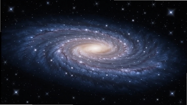 璀璨星空动态桌面全貌预览图，画面中央是缓缓旋转的银河核心，周围散布闪烁的星辰与淡蓝色星云，背景为深邃的宇宙黑色，整体色调以蓝紫为主，营造神秘宁静的桌面氛围