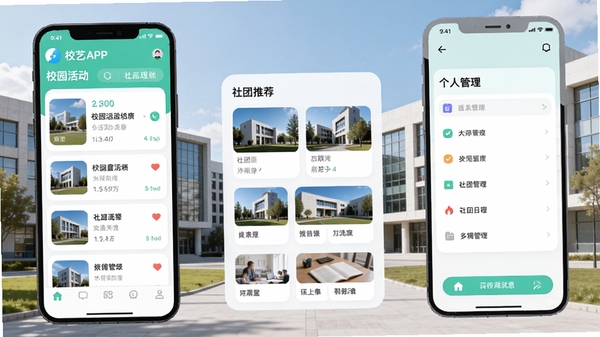 校艺APP主界面预览图，展示校园活动列表、社团推荐板块与个人日程管理三大核心功能分区，背景为现代简约风格的大学校园建筑，色调清新明快，界面元素清晰，采用扁平化设计风格，适配Boogu模型生成