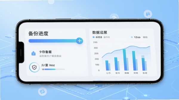 灵存聊天易备份软件主界面预览图,画面主体是手机屏幕中显示备份进度条与分类数据统计图表,背景为浅蓝色科技感渐变,整体风格简洁明亮,突出数据安全与高效备份的氛围