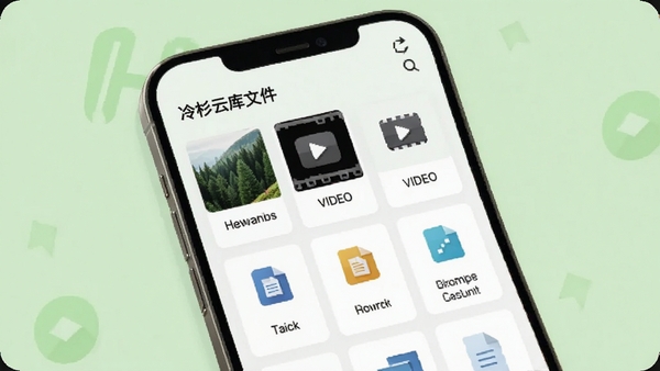 冷杉云库文件分类界面，手机屏幕展示图片、视频、文档等分类卡片，背景为浅绿色，画面清新简洁，突出整理有序的视觉效果