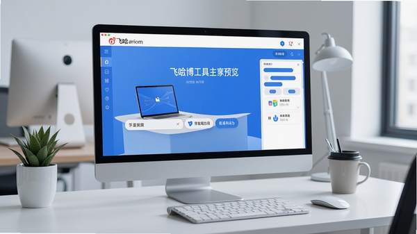 飞哈微博工具主界面预览图，展示其简洁的布局和主要功能按钮，背景为现代办公桌面环境，色调以蓝白为主，风格写实清晰