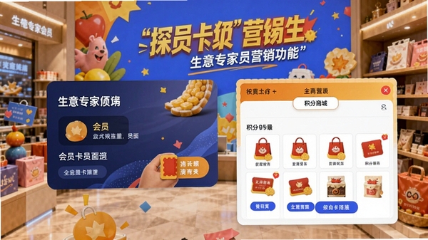 生意专家会员营销功能界面，展示会员卡面设计和积分商城页面，背景为店铺促销海报，色彩活泼醒目