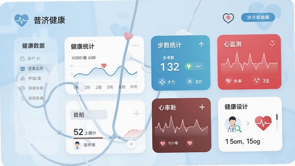 普济健康主界面预览图，展示健康数据仪表盘、步数统计、心率监测等核心功能卡片，背景为浅蓝色医疗风格，界面简洁现代