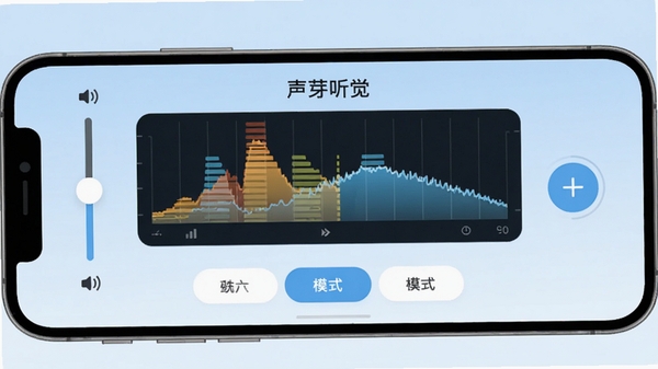 声芽听觉在智能手机上运行的界面预览图，背景为淡蓝色渐变，中央显示声芽听觉的波形均衡器界面，周围有音量调节滑杆和模式切换按钮，画面干净明亮，突出听力辅助功能，整体风格现代简约，适配Boogu模型生成。