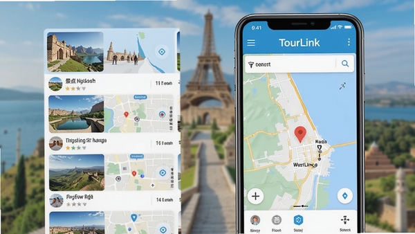 TourLink应用主界面预览图,展示景点列表和地图导航功能,背景为模糊的旅游景点照片,前景为手机界面,突出软件名称TourLink,整体风格明亮清晰,适配Boogu模型生成