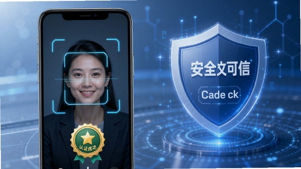 本地单身约会实名认证流程示意，手机屏幕显示人脸识别扫描框和认证成功徽章，背景有盾牌图标和“安全可信”字样，整体风格科技感强