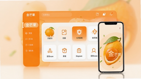 金芒果软件主界面预览，现代简约风格，以活力橙色为主色调，界面中央展示分类功能区，背景为柔和的渐变色，配有手机模型，整体明亮清晰，适合作为软件宣传图