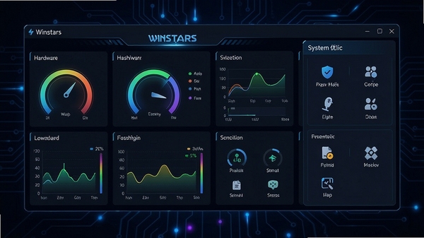 Winstars软件主界面预览图，展示硬件监控仪表盘与系统优化功能模块，背景为深色科技感风格，界面元素清晰，色彩鲜明