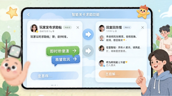这咋玩呀智能关卡求助功能界面预览，展示玩家发布求助帖与回复的互动场景，画面突出即时交流与问题解决过程，背景风格清新活泼，强调社区互助氛围