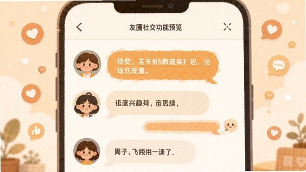 友圃社交功能预览图，画面展示一个兴趣圈子的讨论界面，成员头像圆润排列，对话气泡友好温暖，背景点缀着点赞和评论的小图标，整体风格温馨和谐。