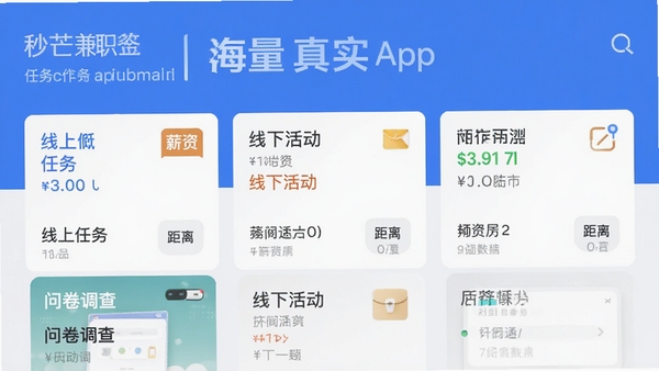 秒芒兼职APP任务列表界面截图风格，展示不同类型兼职卡片，如线上任务、线下活动、问卷调查等，每张卡片带有薪资标签和距离信息，背景为简约的蓝白配色，界面干净信息清晰，突出“海量真实”的特点