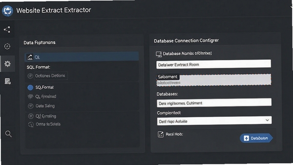 Website Extractor 数据导出设置界面，显示SQL格式选项和数据库连接配置，背景为深灰色商务风格，强调数据处理的专业性与高效性