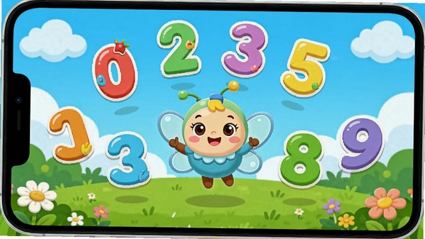 幼儿学数字软件主界面,色彩鲜艳的卡通数字0-9在屏幕上跳跃,背景是蓝天白云和草地,画面中央有一个可爱的数字小精灵,整体风格明亮活泼,适合儿童观看的扁平化设计,高清渲染,细节丰富