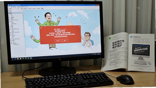 电脑屏幕前摆放着键盘和鼠标,屏幕上显示汉字笔顺英语卡通解释软件的报错提示框,旁边有一本打开的电脑维护手册,画面风格写实,光线柔和,突出解决软件运行故障的场景