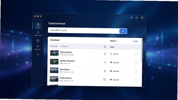 TubeDownload主界面预览，现代简约风格，深蓝色调为主，主窗口展示视频解析输入框和下载列表，背景为柔和的科技光效，画面干净整洁，高清渲染，产品展示图风格