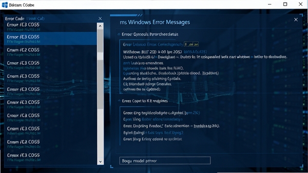 ms windows error messages主界面预览图，软件界面以深蓝色科技感为主基调，左侧是错误代码列表，右侧显示详细的错误解析与修复建议，背景有抽象的数据流动线条，整体风格专业且清晰，适配Boogu模型生成