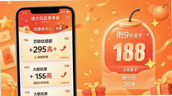 速达优品尊享版优惠券中心界面,手机屏幕内展示大额优惠券列表、倒计时秒杀图标,背景为暖色促销风格,突出折扣力度,界面生动活泼,适合功能展示图