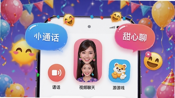 甜心伴聊互动玩法展示，包含语音通话、视频聊天、小游戏图标，用户界面活泼，彩色气泡与表情符号，背景为派对风格，整体氛围欢乐，体现社交娱乐性