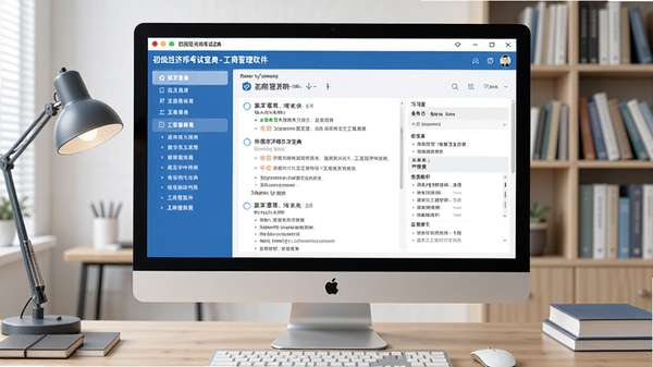 创作一幅展示初级经济师考试宝典-工商管理软件主界面的高清数字插画，画面主体是电脑屏幕中打开的软件学习界面，左侧显示章节导航，右侧展示练习题与答案解析，背景为整洁的书桌与书架，整体色调以蓝色和白色为主，体现专业、专注的备考氛围，风格写实清晰。