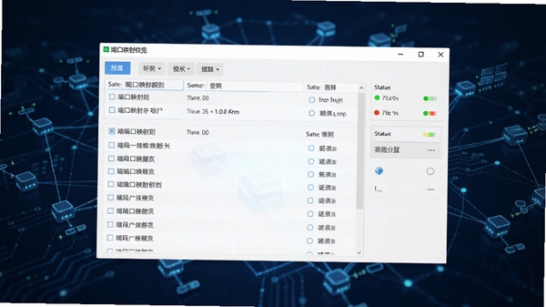 端口映射器软件主界面预览图，展示简洁直观的操作面板，背景为深蓝色科技感网络拓扑图，软件窗口居中显示，突出端口映射规则列表和状态指示灯，整体风格专业清晰，适合软件下载站展示
