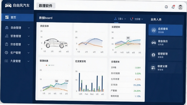自由风汽车4S店管理软件主界面预览图，展示左侧功能导航栏、中央数据看板、右侧业务快捷入口，整体风格商务简洁，色彩以深蓝和白色为主，营造专业、可靠的管理软件氛围