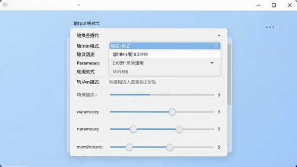 Zealot All Media Fixer格式转换设置界面，显示输出格式选择菜单，参数调节滑块，背景为淡蓝色调，整体风格现代简洁