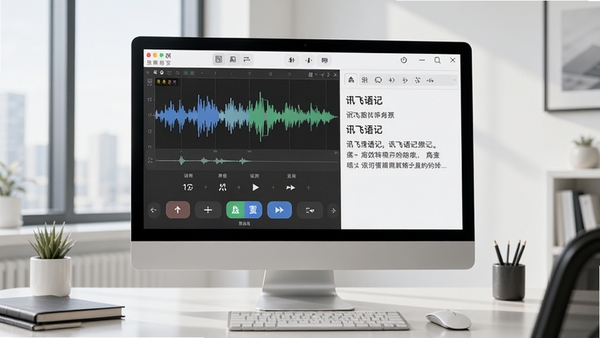 讯飞语记软件主界面预览图，展示其简洁的录音转文字操作面板，背景为现代办公桌场景，电脑屏幕上清晰显示讯飞语记的波形图和识别文字，画面明亮清晰，突出软件高效便捷的特点