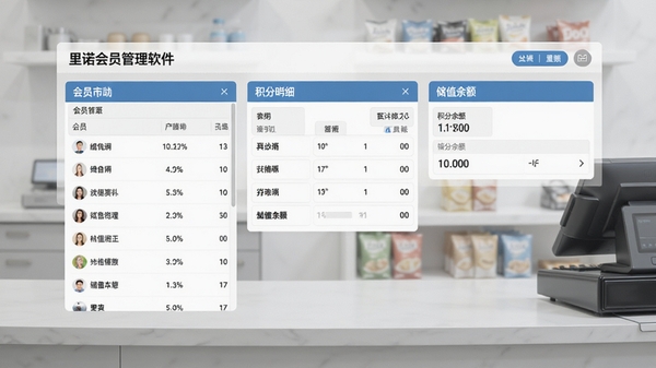 里诺会员管理软件主界面截图，展示会员列表、积分明细、储值余额三大核心功能区，背景为浅灰色店铺收银台环境，画面干净明亮，突出数据面板清晰布局