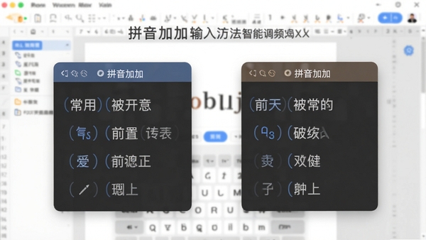 展示拼音加加输入法智能调频功能的界面，对比显示常用词被前置，背景是模糊的文档编辑画面，体现其提升打字效率的特点