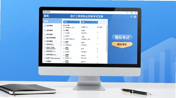 造价工程师执业资格考试宝典软件主界面预览图,电脑屏幕显示题库列表与模拟考试按钮,背景为简洁的蓝色渐变,桌面有笔记本和笔,整体风格干净明亮