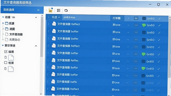 文件查询器高级筛选界面，左侧为条件选择区，右侧显示过滤后的文件列表，界面色调以蓝白为主，干净整洁