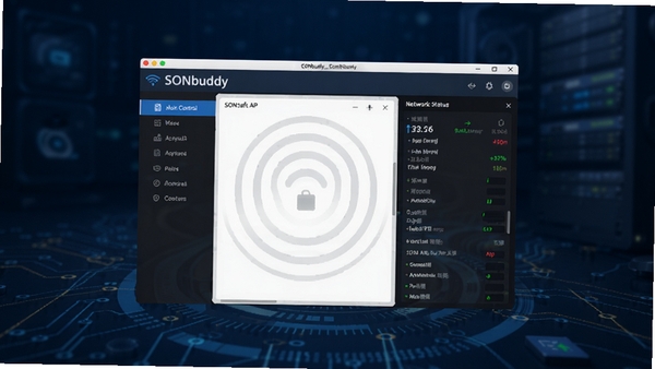 无线软AP(SONbuddy)软件界面预览图,画面中央显示主控制窗口,左侧为功能导航栏,右侧为网络状态信息面板,背景为简洁的深蓝色科技感桌面,整体风格清爽专业