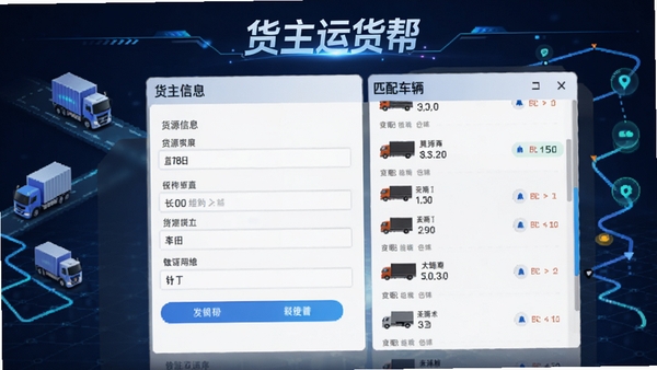 货主运货帮一键发货功能界面截图，屏幕显示货源信息填写表单和匹配车辆列表，背景有货车图标和路线示意图，画面科技感强，突出软件名称货主运货帮