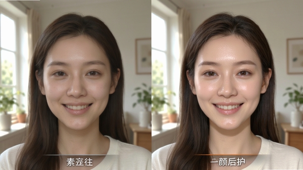 一键上妆软件美颜效果对比图,左边是素颜状态,右边是上妆后状态,强调皮肤质感自然通透,背景为自然光下的室内环境,人物表情微笑,Boogu模型生成的对比效果图