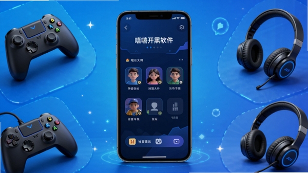 嘻嘻开黑软件主界面预览图,画面中央展示手机屏幕内的组队大厅界面,背景为充满科技感的蓝色渐变,周围环绕着游戏手柄、耳机等元素,风格现代简约,突出社交与游戏属性