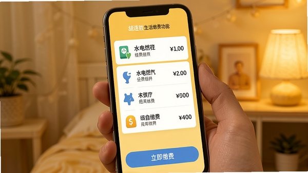 胡连胜生活缴费功能界面,手机屏幕上显示水电燃气缴费列表,每个项目配有图标和金额,底部有“立即缴费”按钮,背景为暖黄色调,营造温馨氛围,画面清晰展示操作流程