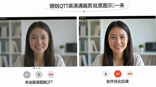 随锐QTT高清通画质对比示意图,左侧为普通画面,右侧为经过软件优化后的高清画面,色彩更鲜艳,细节更清晰,背景为视频通话场景