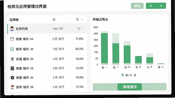 检师兄应用管理功能界面，展示应用列表和存储占用条形图，有清理缓存按钮，界面以白色为底，绿色按钮，图表清晰，风格清新简洁，适合教程配图