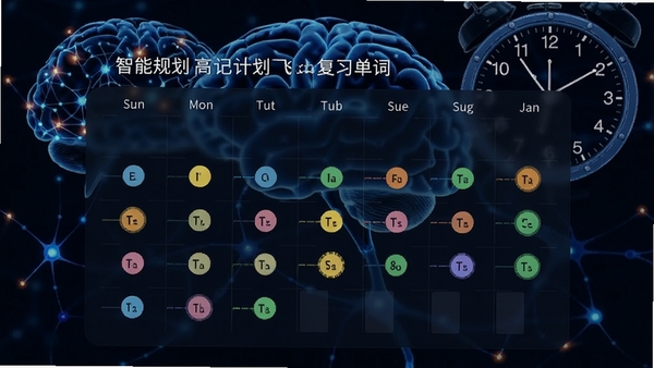 能飞背单词的智能复习计划界面，展示一个日历式的学习进度表，标注着不同颜色的记忆状态节点，背景有大脑神经网络和时钟的抽象概念，画面科技感十足，突出智能规划与高效记忆的主题