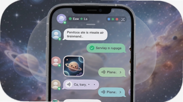 启俄星球聊天对话界面效果图，显示手机屏幕内星球用户之间的对话列表，包含文字、图片、语音消息气泡，界面圆润，色彩柔和，顶部有星球成员在线状态显示，背景为半透明的星云图案，整体风格清新自然