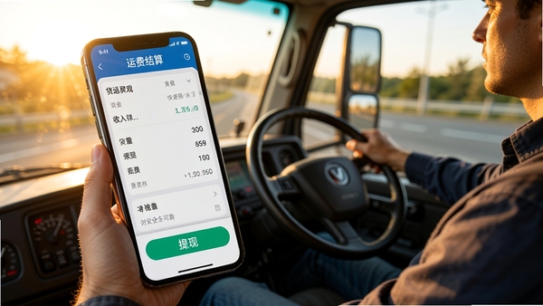 货运司机端运费结算界面，手机屏幕显示收入明细和提现按钮，背景为司机在驾驶室使用手机的场景，阳光从车窗照入，画面温馨，突出快速提现与安全可靠，适合功能预览图