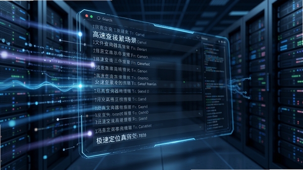 文件查询器高速搜索场景图，画面中央显示快速滚动的搜索结果列表，背景有抽象的数据流线条，突出极速定位的特点