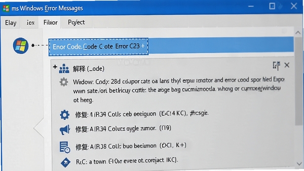 ms windows error messages错误库解析功能特写，界面展示一个被选中的错误代码高亮显示，下方展开详细的解释说明和修复步骤列表，图标设计清晰直观，色调以蓝白为主，符合技术软件风格