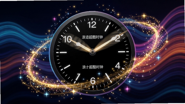 动态捕捉“浪迹超酷时钟”屏幕上的实际效果，时钟周围有流动的星光粒子特效，指针转动时带有残影效果，背景是动态的波浪线条，整体画面动感十足，色彩鲜艳，展示了软件的动态美化能力。