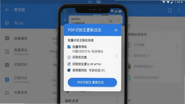 一张展示PDF识别王更新日志的截图风格图片，背景是手机系统设置界面，弹窗显示新版本特性，包括批量导出、识别优化等文字，色调以蓝色和白色为主，简洁清晰
