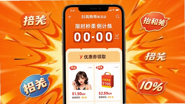 抖购物商城优惠活动页面展示，手机屏幕显示限时秒杀倒计时、优惠券领取界面，商品价格用红色标出，背景为橙色暖色调，周围有爆炸形特效和折扣标签，整体氛围活泼热烈，突出购物狂欢感