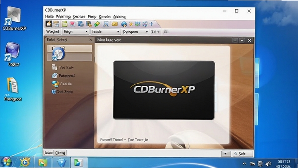 CDBurnerXP主界面截图，展示软件在Windows桌面运行的完整面貌，包含菜单栏、工具栏和主要功能区域，画面清晰明亮，背景为浅色桌面环境