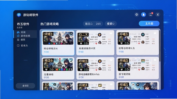 这咋玩呀软件主界面预览图，展示其游戏攻略聚合与搜索核心功能，画面中央显示热门游戏攻略列表，背景为科技蓝渐变色调，整体风格现代、简洁、信息层次分明，适合作为软件介绍首图
