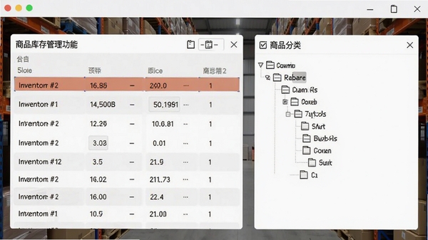 生意专家商品库存管理功能截图，显示库存预警列表和商品分类树，背景为仓库货架，画面简洁专业
